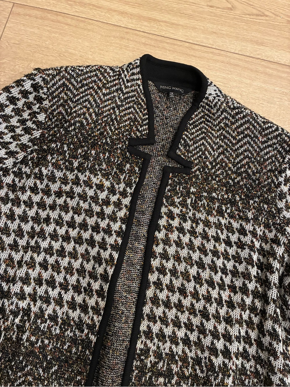 Ming Wang Women’s Houndstooth Chevron Open Front Knot Jacket Size 1X